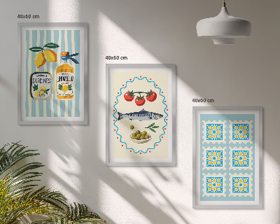 Juego de 3 cuadros Ilustraciones de cocinas de estilo mediterráneo