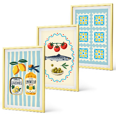 Juego de 3 cuadros Ilustraciones de cocinas de estilo mediterráneo