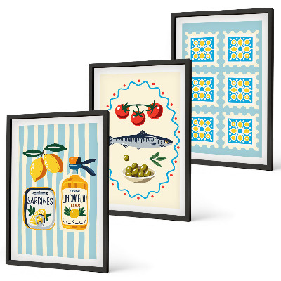 Juego de 3 cuadros Ilustraciones de cocinas de estilo mediterráneo