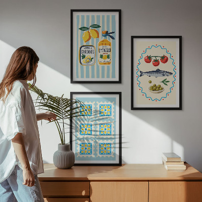 Juego de 3 cuadros Ilustraciones de cocinas de estilo mediterráneo