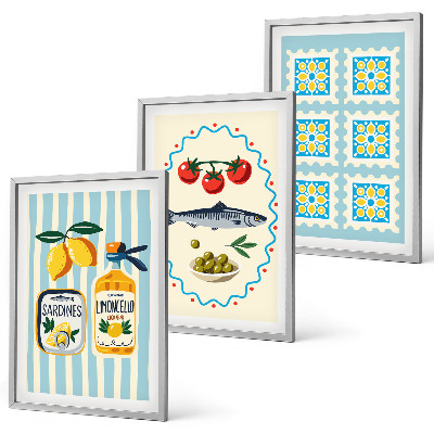 Juego de 3 cuadros Ilustraciones de cocinas de estilo mediterráneo