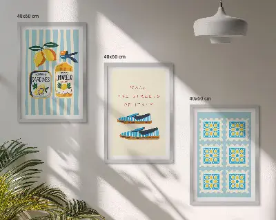 Juego de 3 cuadros con motivos de frutas y elementos de la cultura italiana