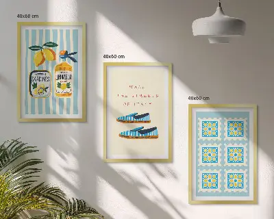 Juego de 3 cuadros con motivos de frutas y elementos de la cultura italiana