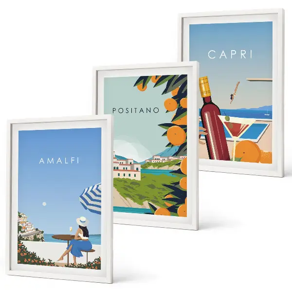 Set de 3 cuadros decorativos para salón con paisajes de Amalfi, Positano y Capri