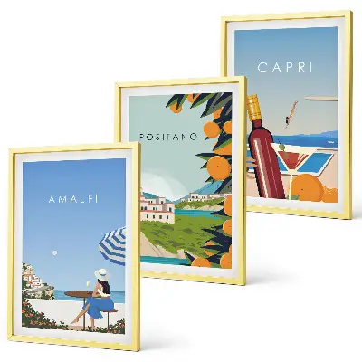 Set de 3 cuadros decorativos para salón con paisajes de Amalfi, Positano y Capri