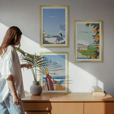 Set de 3 cuadros decorativos para salón con paisajes de Amalfi, Positano y Capri