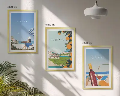 Set de 3 cuadros decorativos para salón con paisajes de Amalfi, Positano y Capri