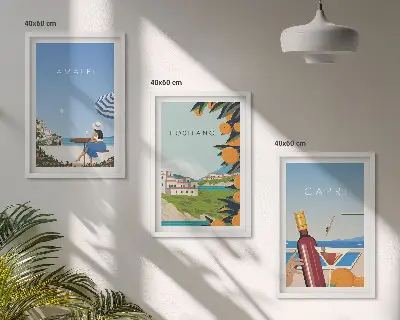 Set de 3 cuadros decorativos para salón con paisajes de Amalfi, Positano y Capri