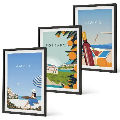Set de 3 cuadros decorativos para salón con paisajes de Amalfi, Positano y Capri