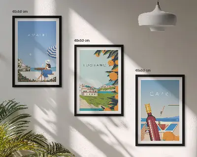 Set de 3 cuadros decorativos para salón con paisajes de Amalfi, Positano y Capri