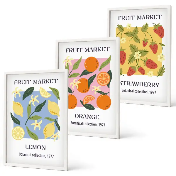 Juego de 3 cuadros con diseño de carteles de frutas de limones y fresas