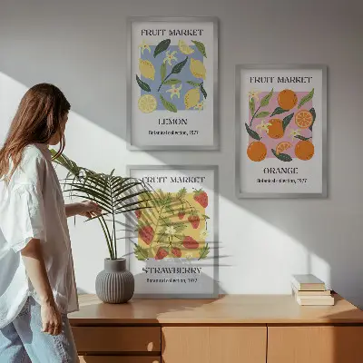 Juego de 3 cuadros con diseño de carteles de frutas de limones y fresas