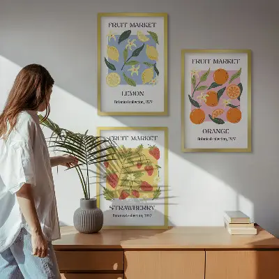 Juego de 3 cuadros con diseño de carteles de frutas de limones y fresas