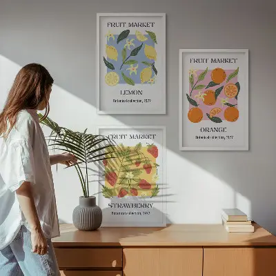 Juego de 3 cuadros con diseño de carteles de frutas de limones y fresas