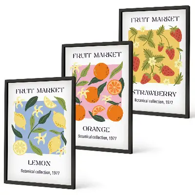 Juego de 3 cuadros con diseño de carteles de frutas de limones y fresas