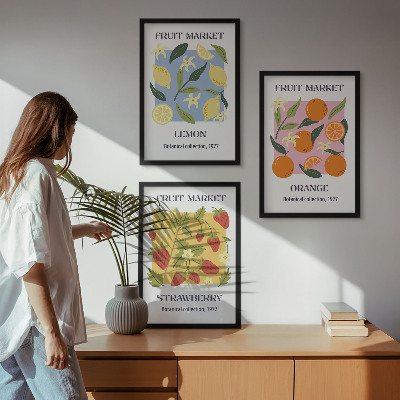 Juego de 3 cuadros Carteles de frutas: limones y fresas