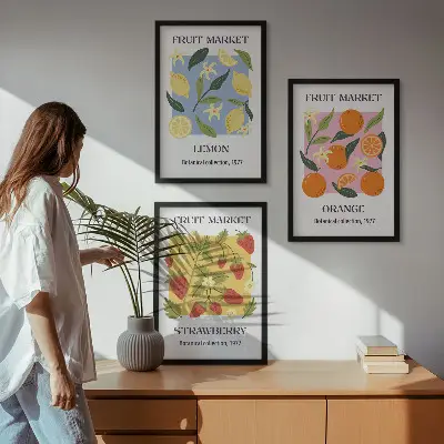 Juego de 3 cuadros con diseño de carteles de frutas de limones y fresas