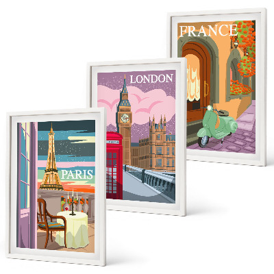 Set de 3 cuadros para salón Vistas París Londres retro