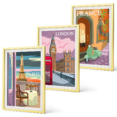Set de 3 cuadros para salón Vistas París Londres retro