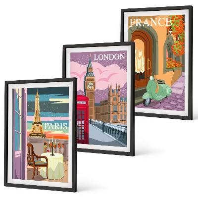 Set de 3 cuadros para salón Vistas París Londres retro