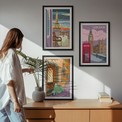 Set de 3 cuadros para salón Vistas París Londres retro