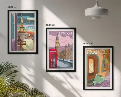 Set de 3 cuadros decorativos con vistas retro de París y Londres