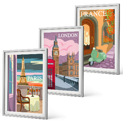 Set de 3 cuadros para salón Vistas París Londres retro