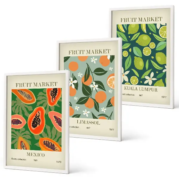 Juego de 3 cuadros con diseño de carteles de frutas vintage