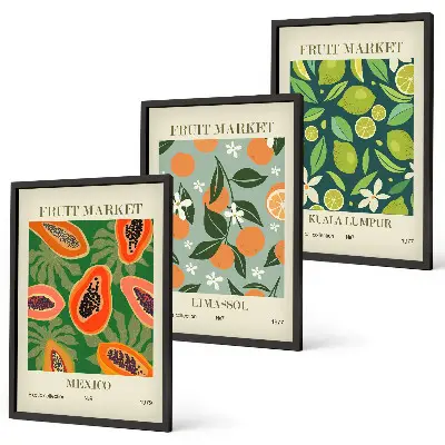 Juego de 3 cuadros con diseño de carteles de frutas vintage