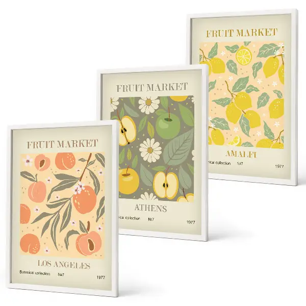 Set de 3 cuadros para salón con estampados retro de frutas