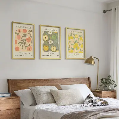 Set de 3 cuadros para salón con estampados retro de frutas