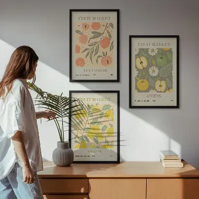 Set de 3 cuadros para salón con estampados retro de frutas