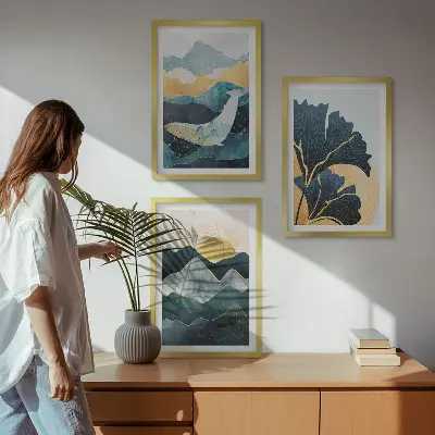 Juego de 3 cuadros con vistas abstractas de montañas