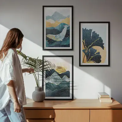 Juego de 3 cuadros con vistas abstractas de montañas
