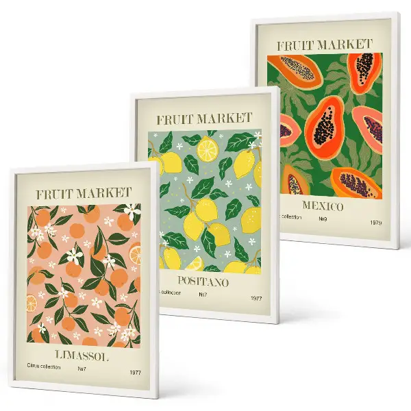 Set de 3 cuadros para salón con diseño de frutas cítricas tropicales retro