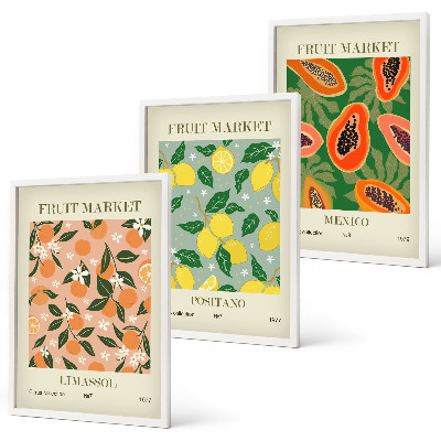 Set de 3 cuadros para salón Frutas cítricas tropicales retro