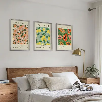 Set de 3 cuadros para salón con diseño de frutas cítricas tropicales retro