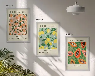 Set de 3 cuadros para salón con diseño de frutas cítricas tropicales retro