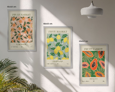 Set de 3 cuadros para salón Frutas cítricas tropicales retro