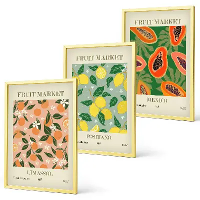 Set de 3 cuadros para salón con diseño de frutas cítricas tropicales retro