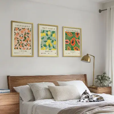 Set de 3 cuadros para salón con diseño de frutas cítricas tropicales retro