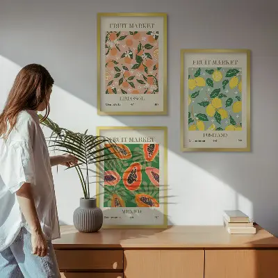 Set de 3 cuadros para salón con diseño de frutas cítricas tropicales retro