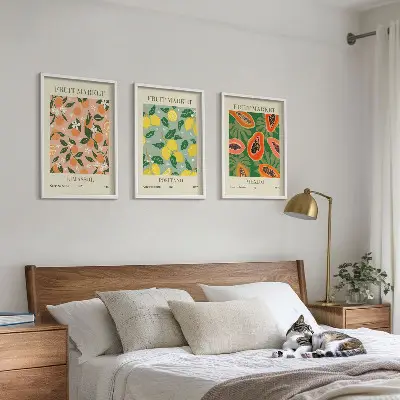 Set de 3 cuadros para salón con diseño de frutas cítricas tropicales retro