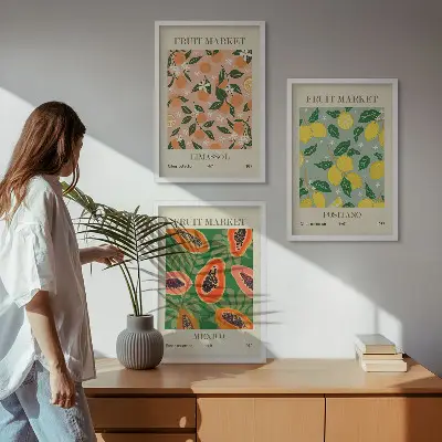 Set de 3 cuadros para salón con diseño de frutas cítricas tropicales retro