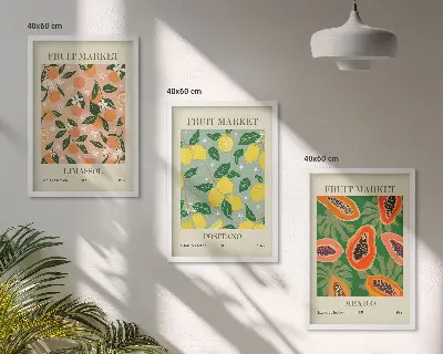 Set de 3 cuadros para salón con diseño de frutas cítricas tropicales retro