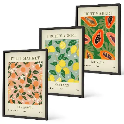 Set de 3 cuadros para salón con diseño de frutas cítricas tropicales retro