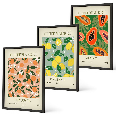 Set de 3 cuadros para salón Frutas cítricas tropicales retro