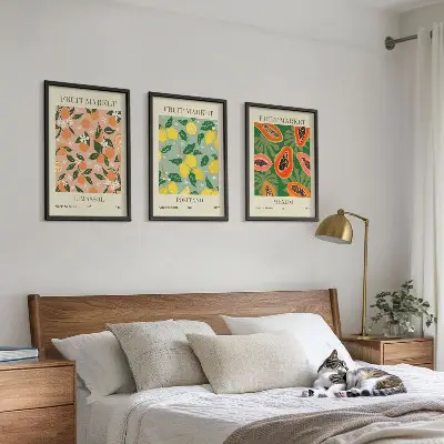 Set de 3 cuadros para salón con diseño de frutas cítricas tropicales retro