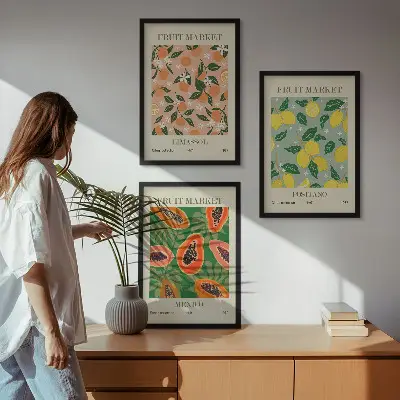 Set de 3 cuadros para salón con diseño de frutas cítricas tropicales retro