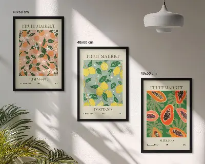 Set de 3 cuadros para salón con diseño de frutas cítricas tropicales retro